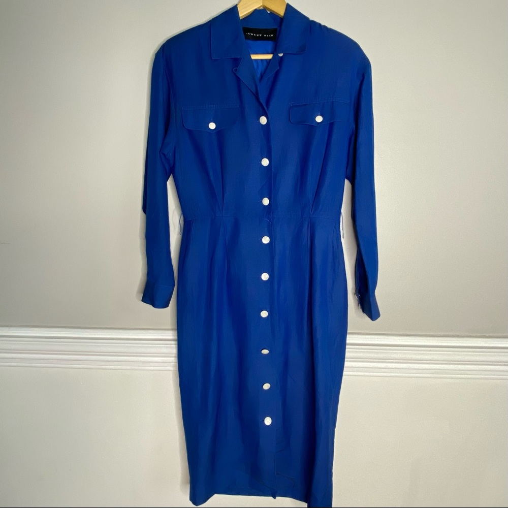 August Silk Royal Blue Button Down Shirt Dress Silk/Linen blend Size 6